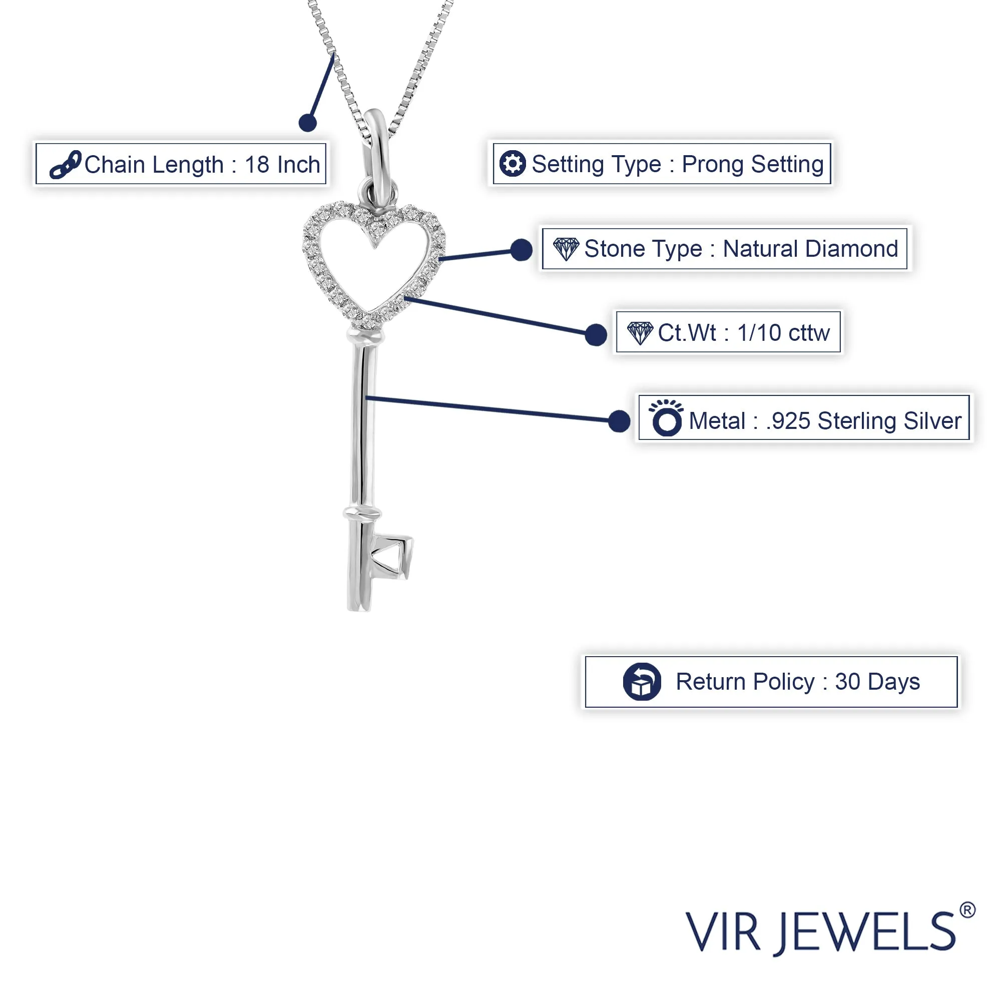1/10 cttw Diamond Heart Key Pendant Necklace in Sterling Silver