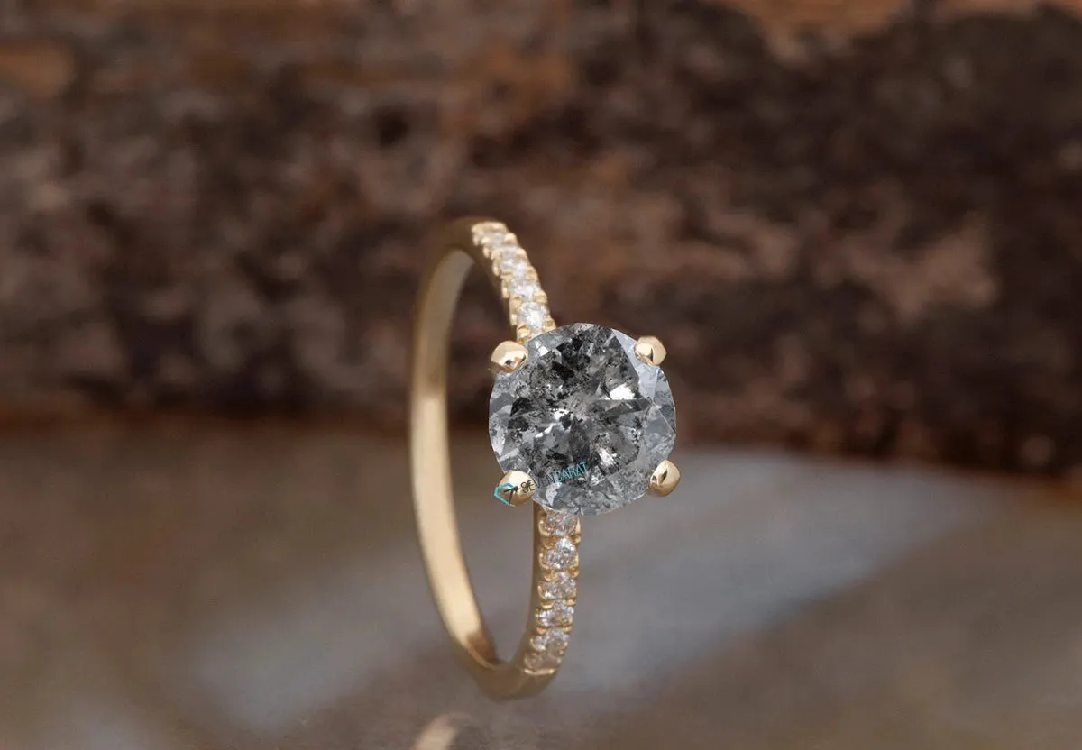 1.12 ct Salt & Pepper diamond solitaire engagement ring - 14k Yellow Gold