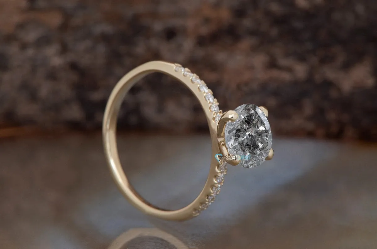 1.12 ct Salt & Pepper diamond solitaire engagement ring - 14k Yellow Gold
