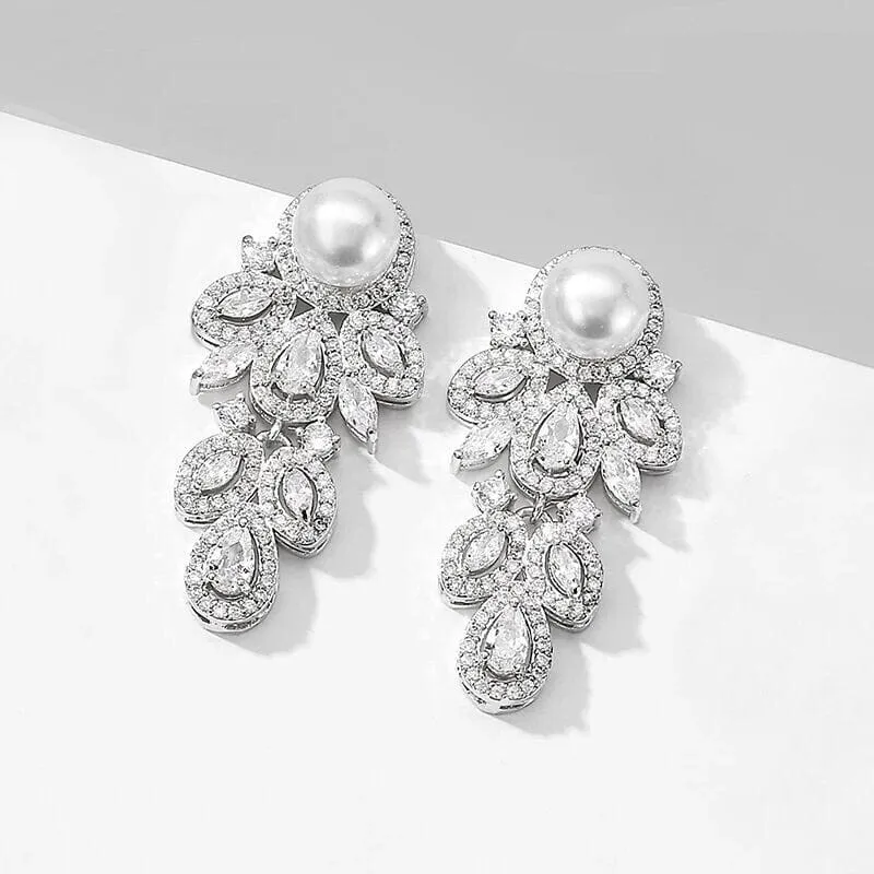14K Gold Plated Bridal Pearl Studs, CZ Diamond Crystal Studded Earrings, Bridal Leaf Earrings, Wedding Bridesmaid Crystal Stud Pearl Earrings