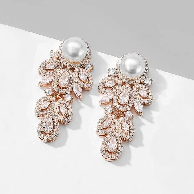 14K Gold Plated Bridal Pearl Studs, CZ Diamond Crystal Studded Earrings, Bridal Leaf Earrings, Wedding Bridesmaid Crystal Stud Pearl Earrings