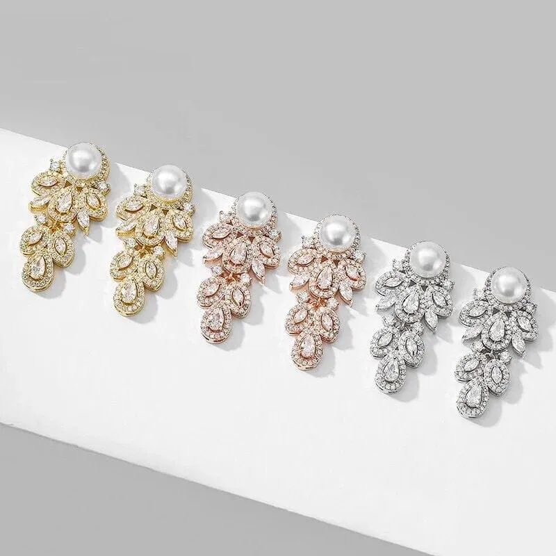14K Gold Plated Bridal Pearl Studs, CZ Diamond Crystal Studded Earrings, Bridal Leaf Earrings, Wedding Bridesmaid Crystal Stud Pearl Earrings