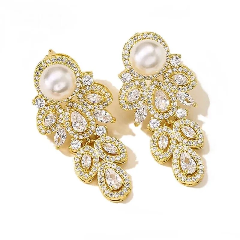 14K Gold Plated Bridal Pearl Studs, CZ Diamond Crystal Studded Earrings, Bridal Leaf Earrings, Wedding Bridesmaid Crystal Stud Pearl Earrings