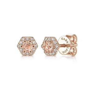 14K Rose Gold Hexagonal Morganite and Diamond Stud Earrings