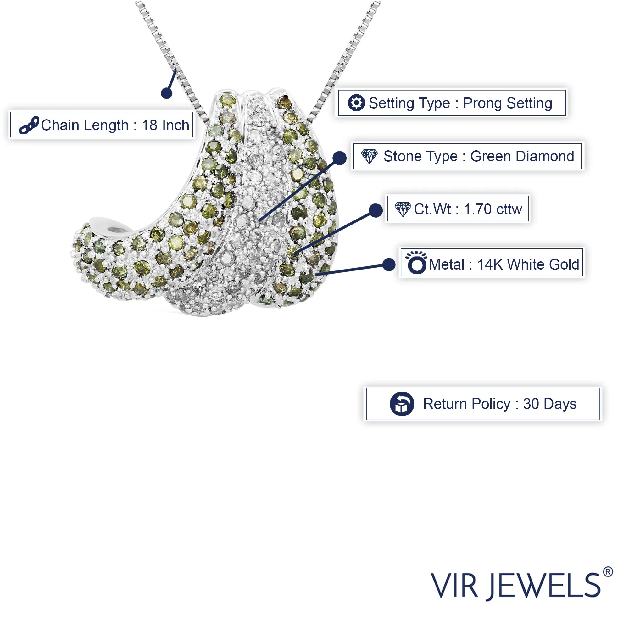 1.70 cttw Green and White Diamond Pendant Necklace in 14K White Gold
