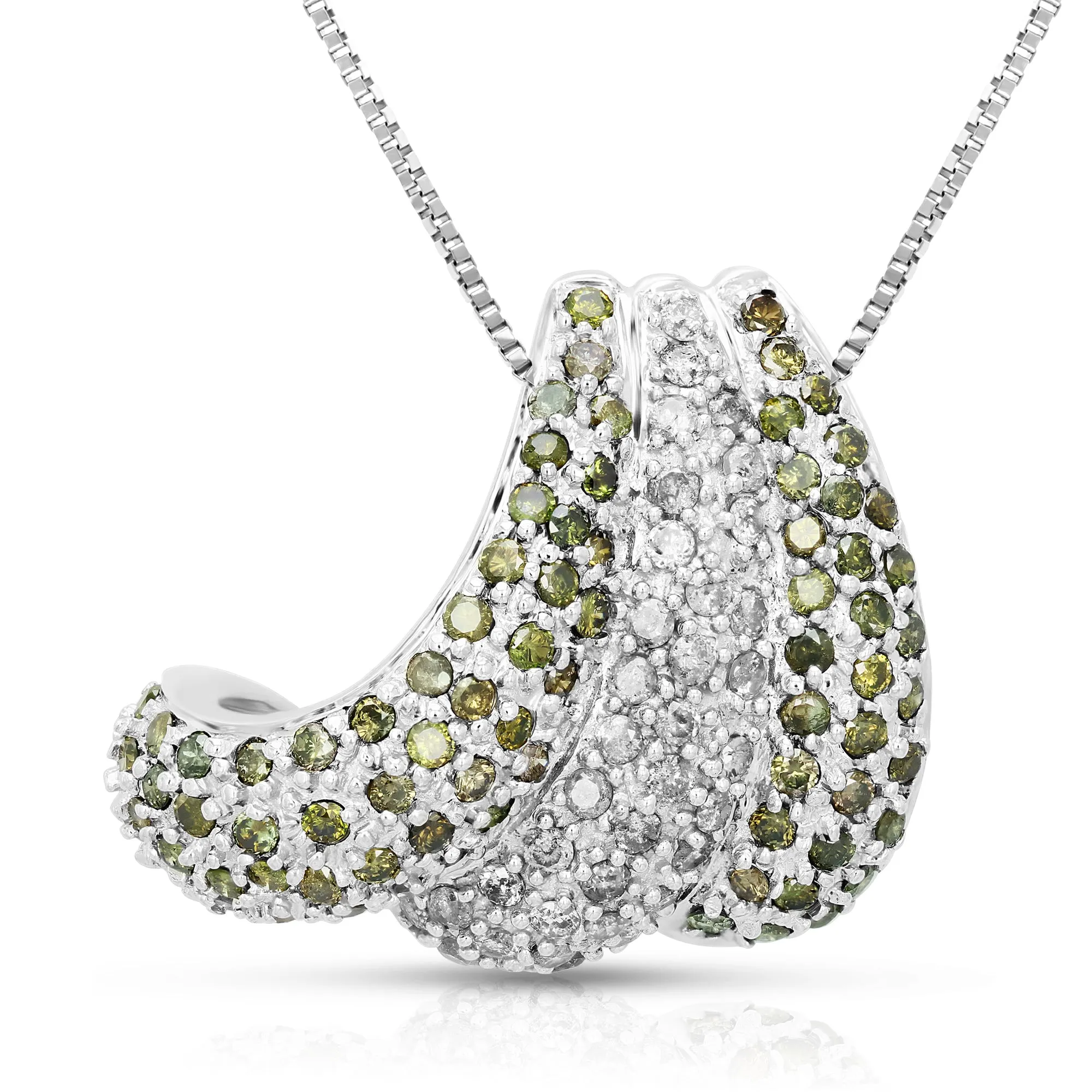 1.70 cttw Green and White Diamond Pendant Necklace in 14K White Gold