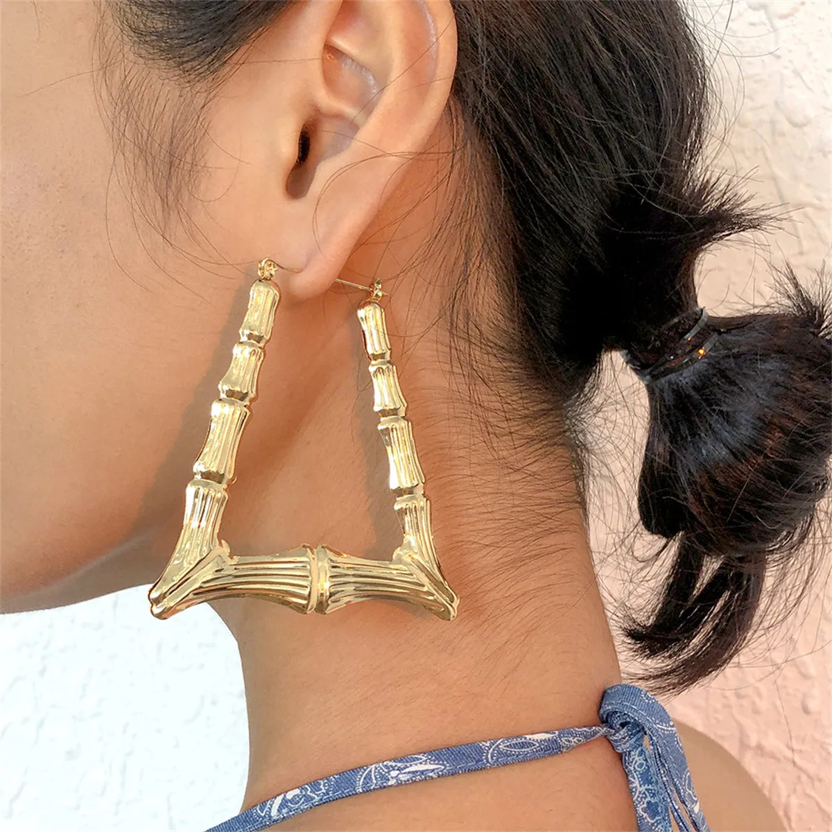 18K Gold-Plated Open Trapezium Bamboo Huggie Earrings