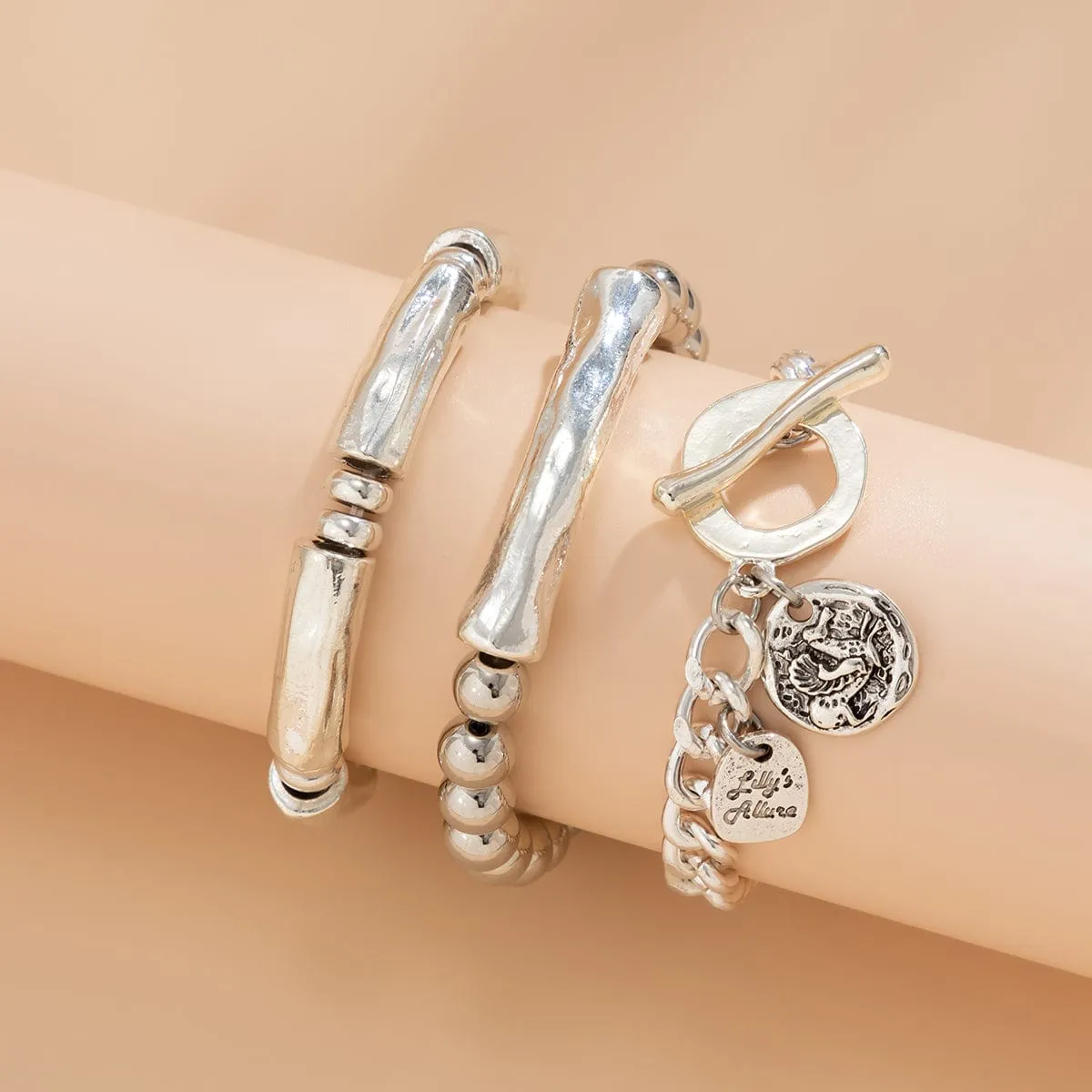 3 Pcs Silver Tone Toggle Clasp Round Disk Ball Chain Bracelet Set