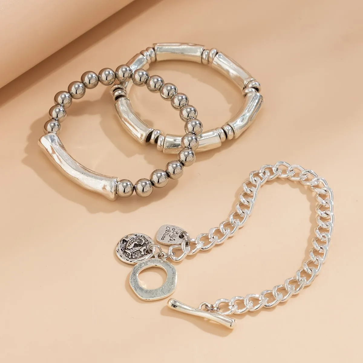 3 Pcs Silver Tone Toggle Clasp Round Disk Ball Chain Bracelet Set