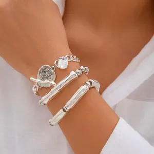 3 Pcs Silver Tone Toggle Clasp Round Disk Ball Chain Bracelet Set