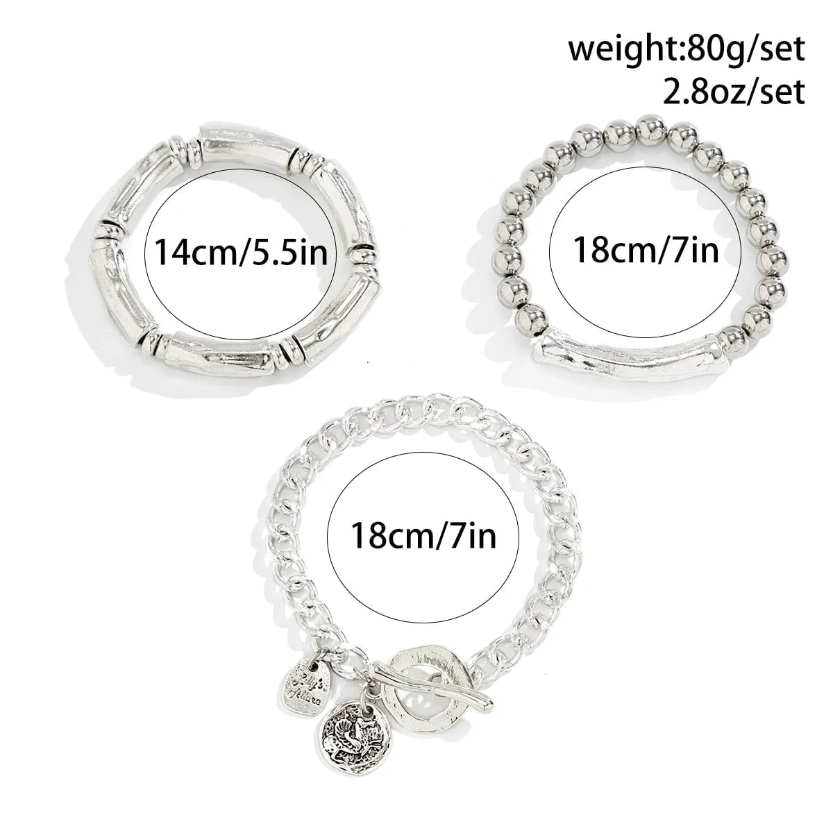 3 Pcs Silver Tone Toggle Clasp Round Disk Ball Chain Bracelet Set