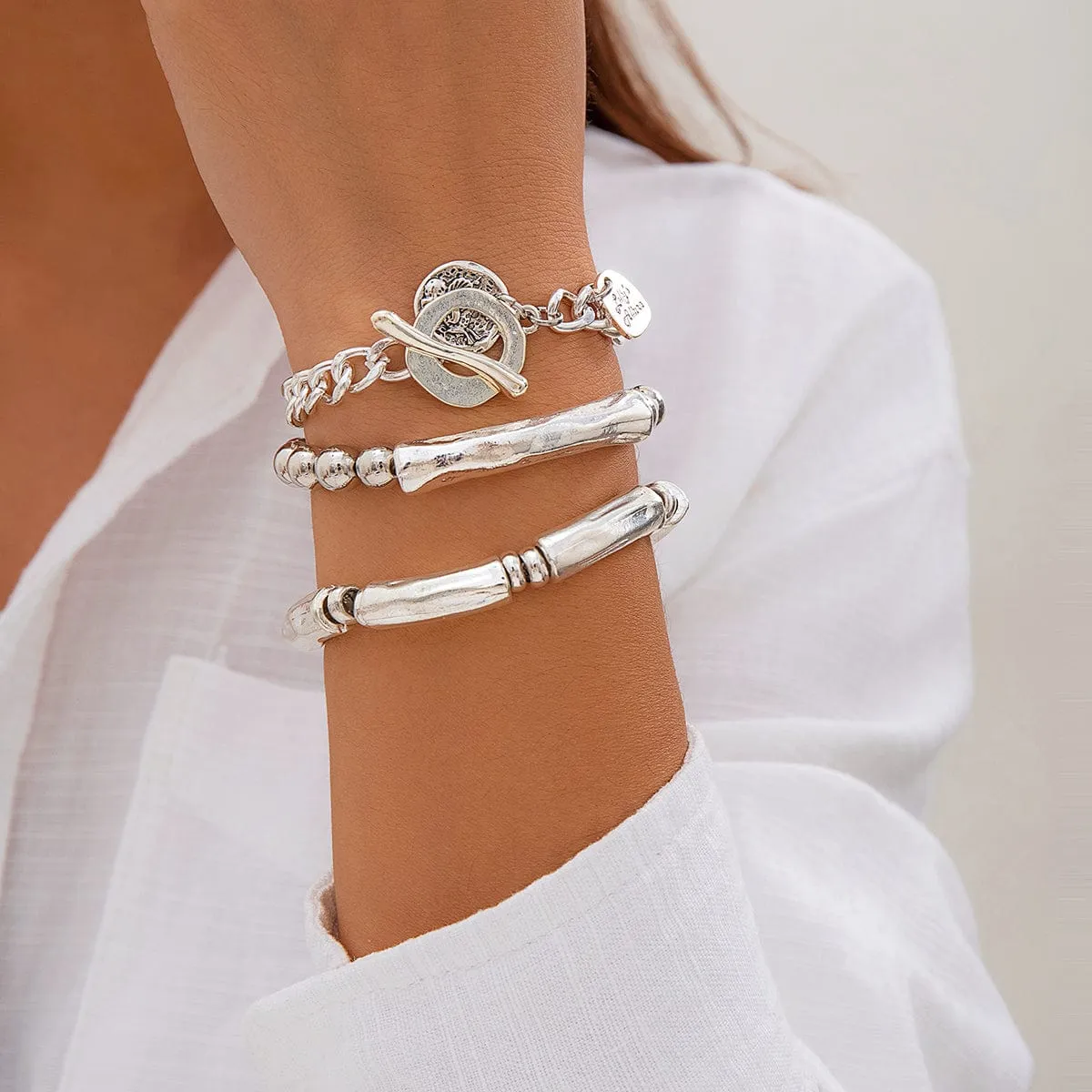 3 Pcs Silver Tone Toggle Clasp Round Disk Ball Chain Bracelet Set