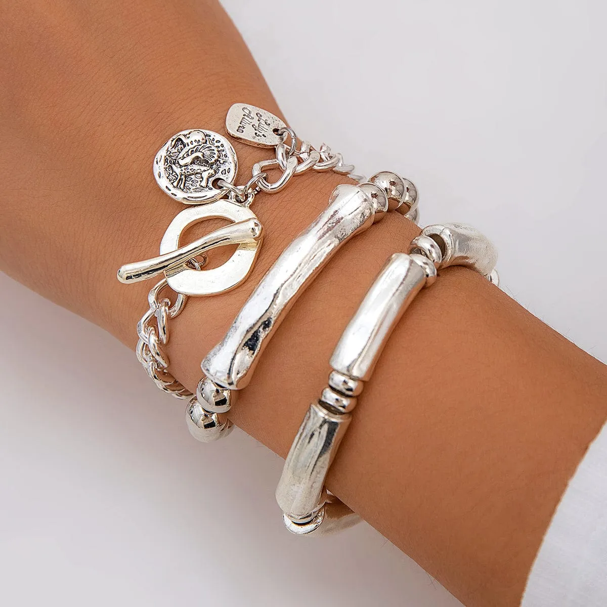 3 Pcs Silver Tone Toggle Clasp Round Disk Ball Chain Bracelet Set