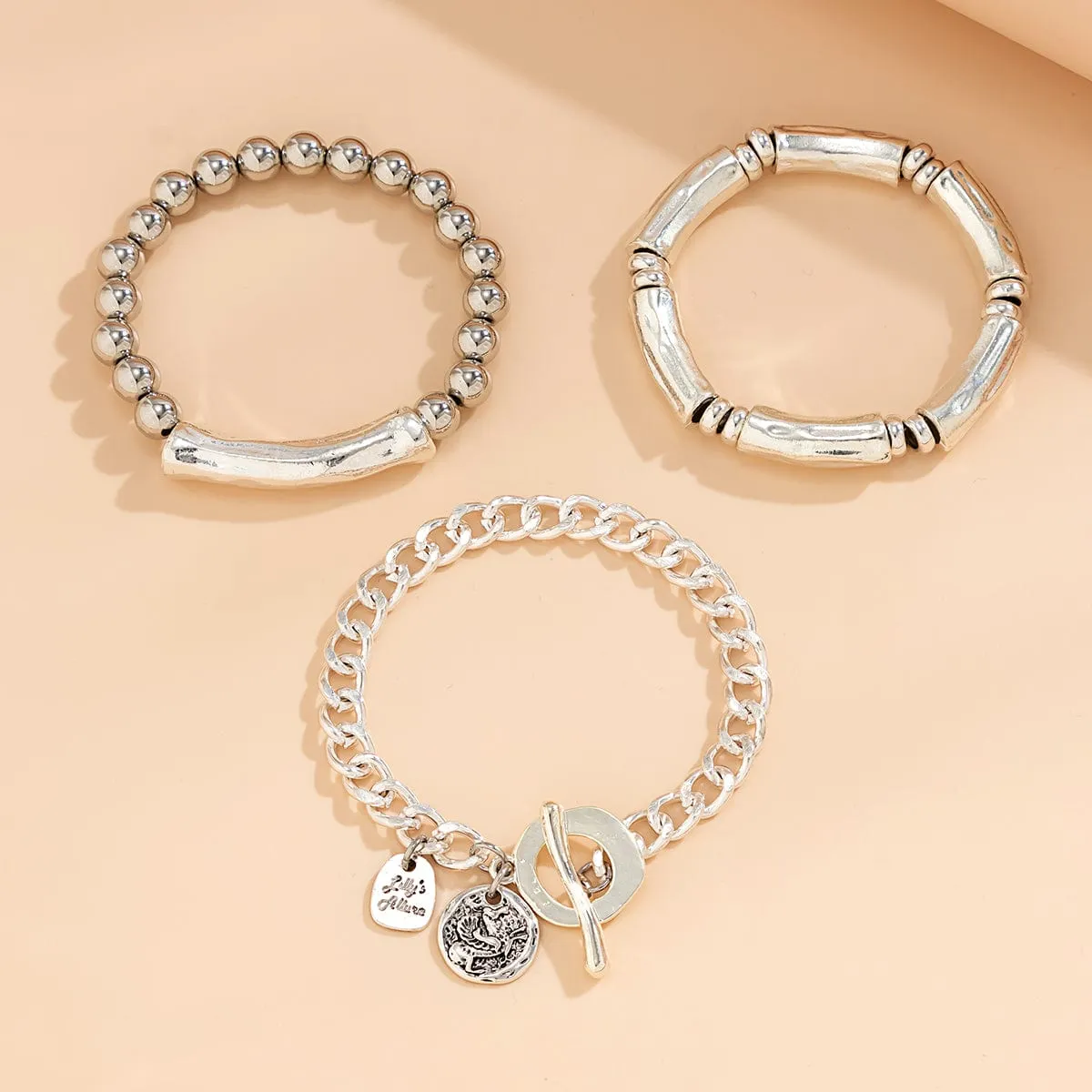 3 Pcs Silver Tone Toggle Clasp Round Disk Ball Chain Bracelet Set
