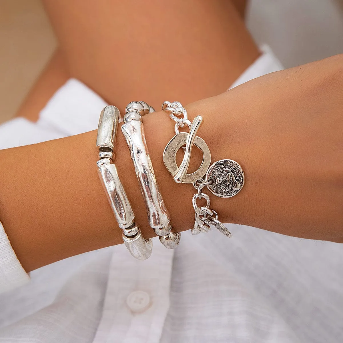 3 Pcs Silver Tone Toggle Clasp Round Disk Ball Chain Bracelet Set