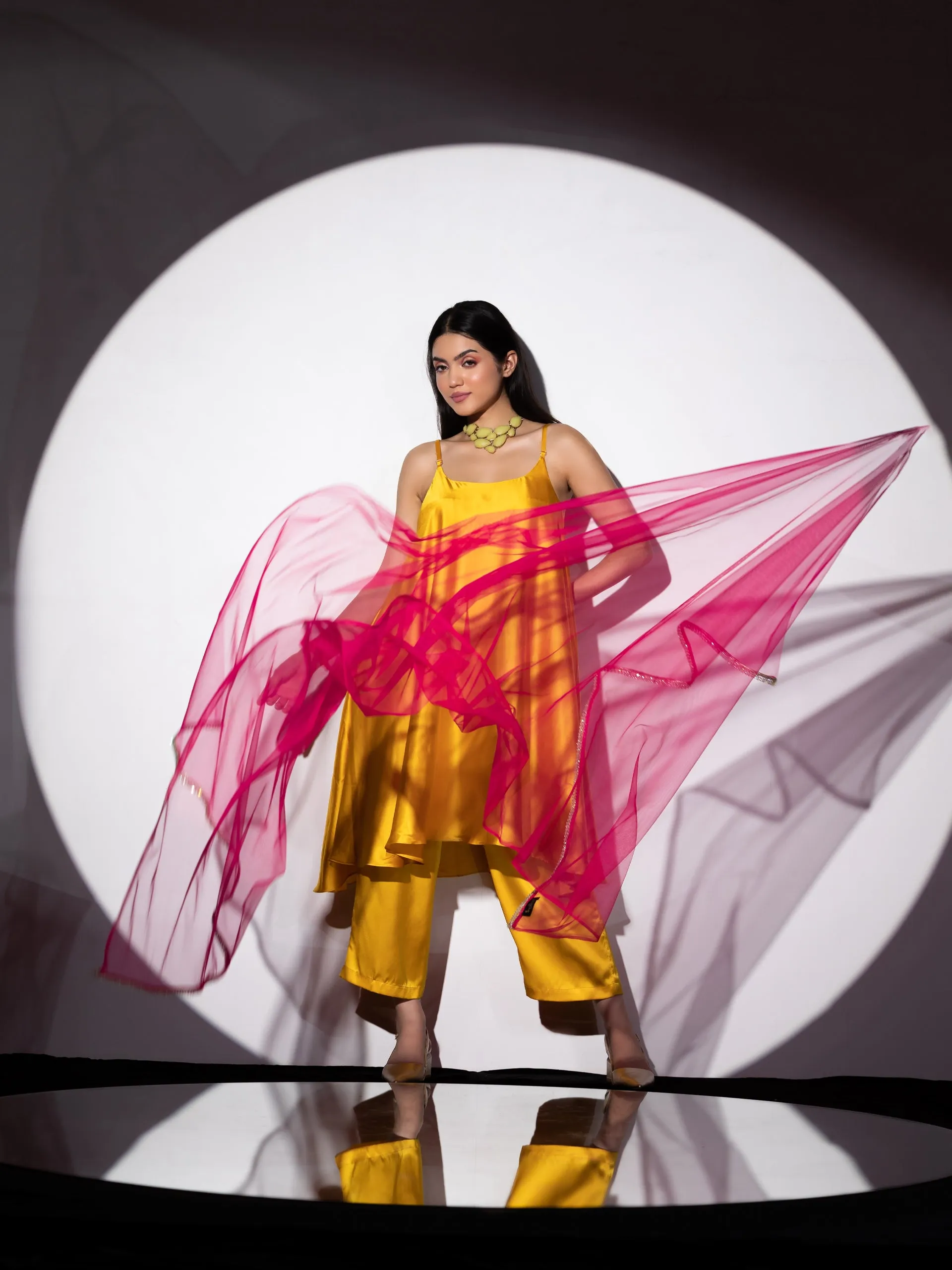 3pcs. Set | Yellow Satin Dress, Pants and Net Dupatta with Lace