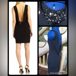 $420 NWT BADGLEY MISCHKA Women’s Black Cowl Back Bead Stretch Fitted Dress XS