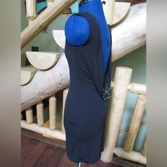$420 NWT BADGLEY MISCHKA Women’s Black Cowl Back Bead Stretch Fitted Dress XS