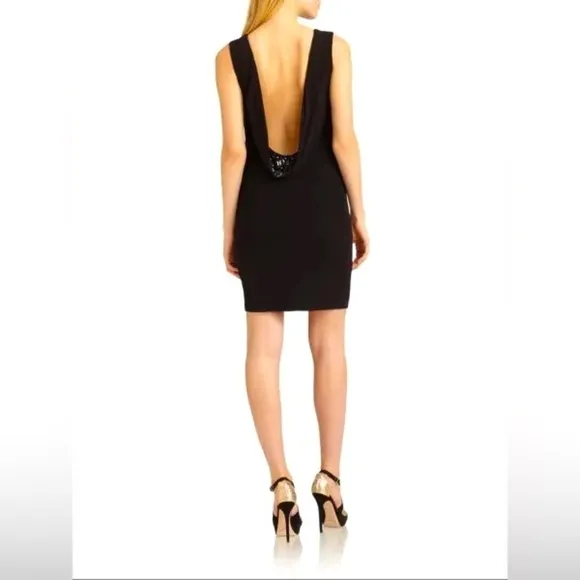 $420 NWT BADGLEY MISCHKA Women’s Black Cowl Back Bead Stretch Fitted Dress XS