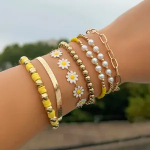7 Pcs Gold Plated Polymer Clay Flower Ball Chain Stackable Bracelet Set