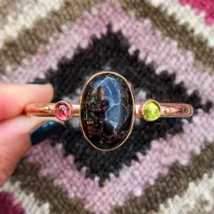 Andamooka black opal & tourmaline cuff in 14K gold-fill