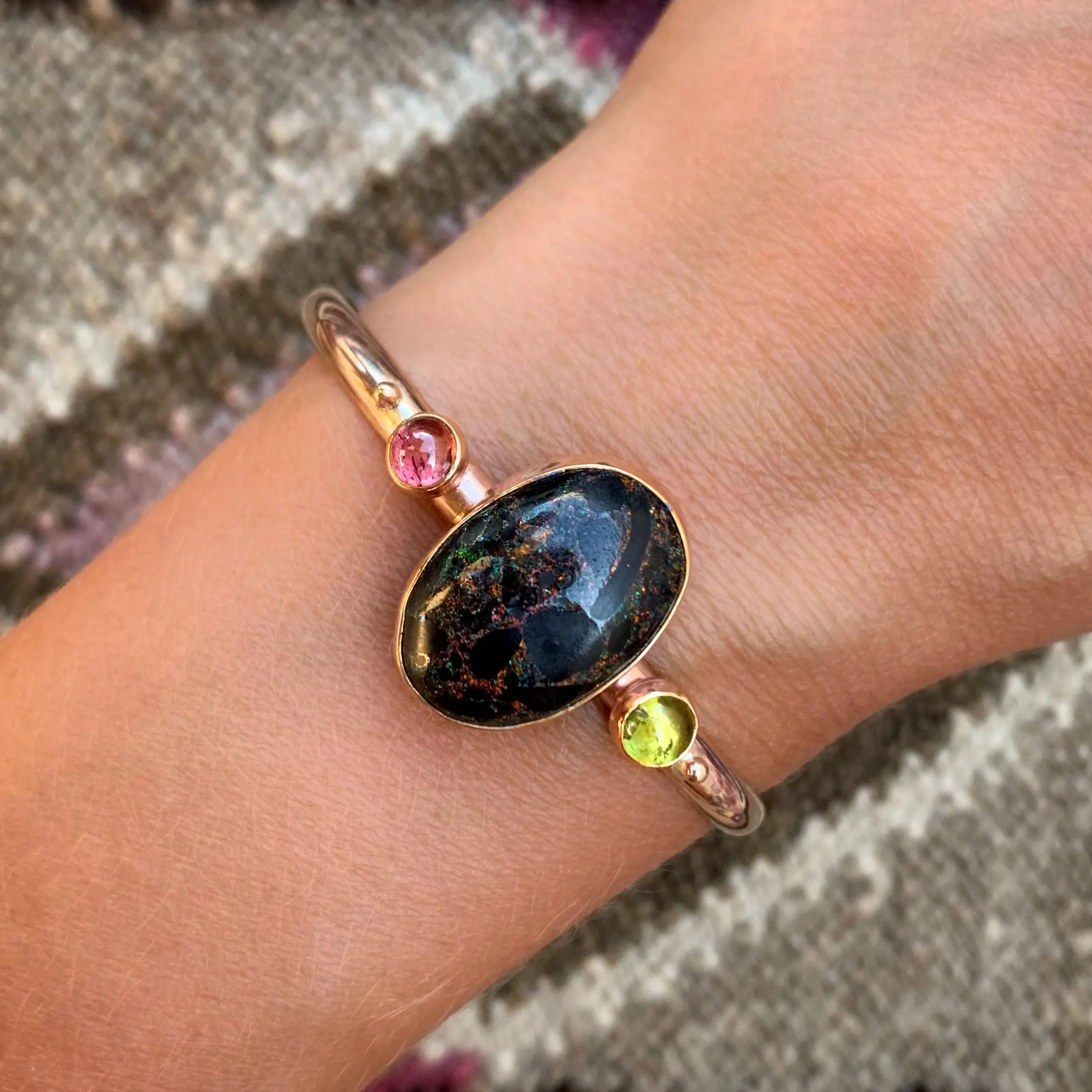 Andamooka black opal & tourmaline cuff in 14K gold-fill