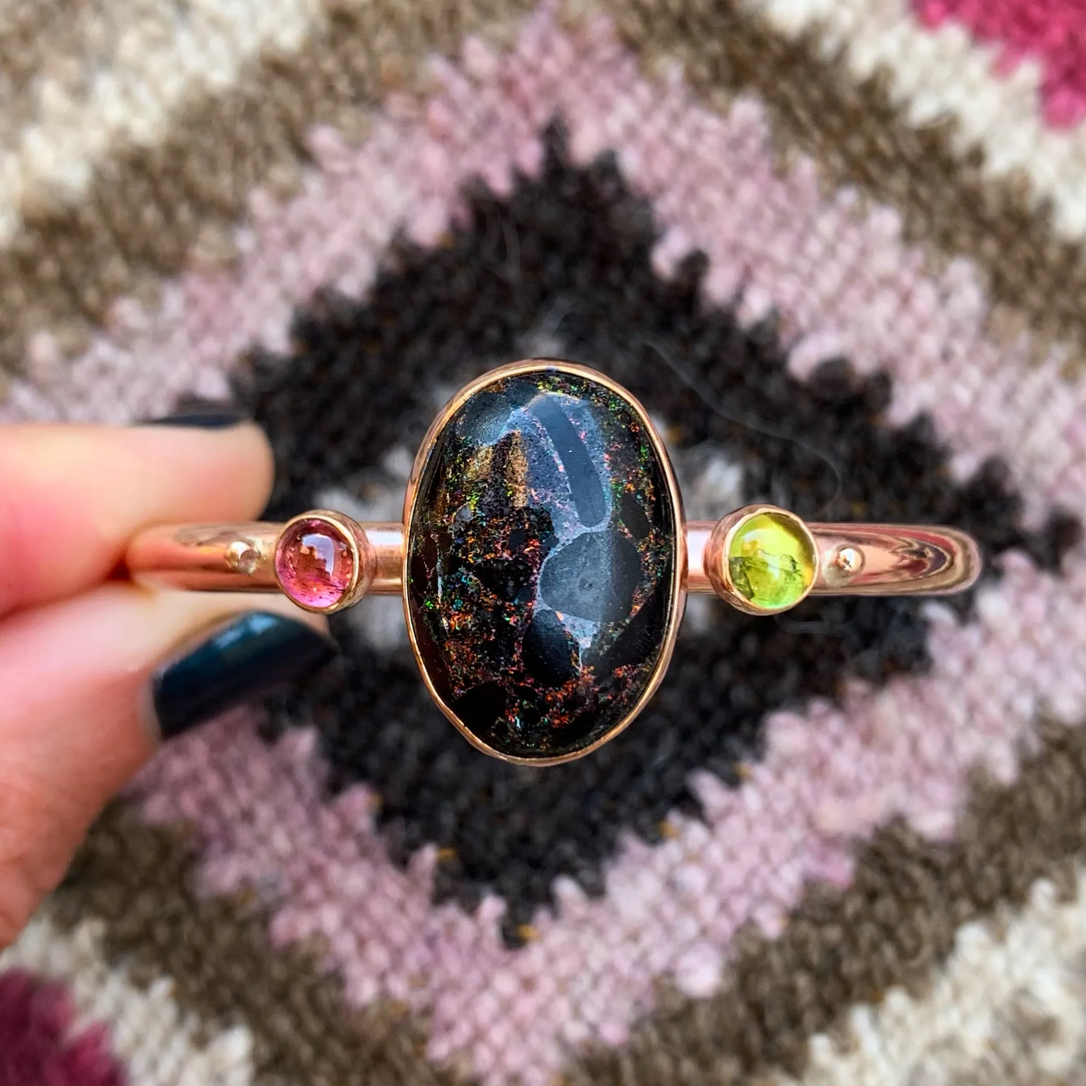 Andamooka black opal & tourmaline cuff in 14K gold-fill