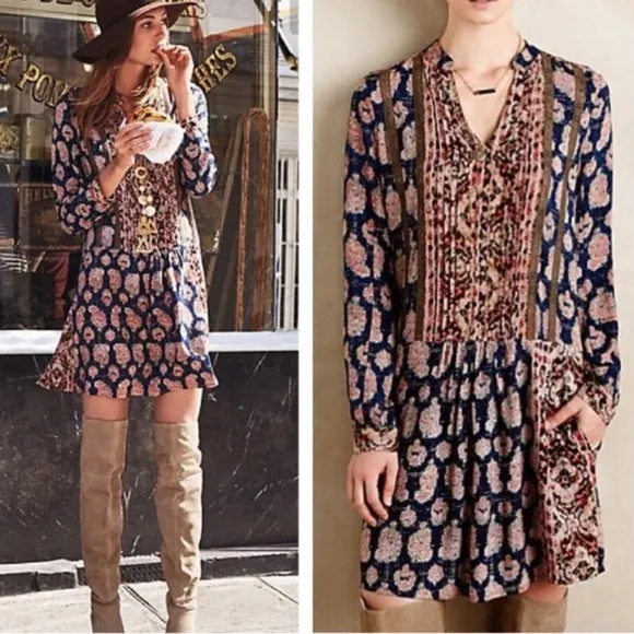 Anthropologie Tiny Paquerette Boho Floral Colorful Shirt Dress Size XS
