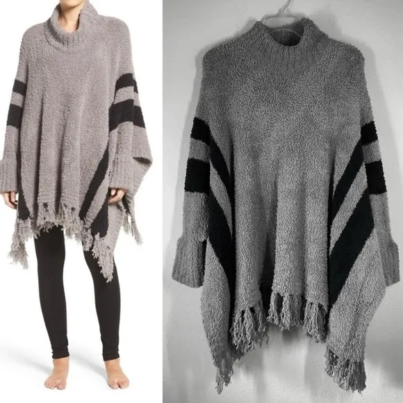 BAREFOOT DREAMS CozyChic Beach Poncho Gray Black Fringe Sweater ONE SIZE