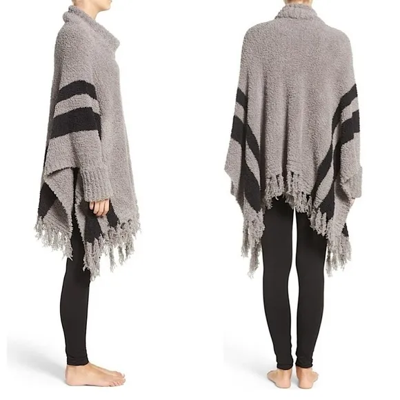 BAREFOOT DREAMS CozyChic Beach Poncho Gray Black Fringe Sweater ONE SIZE