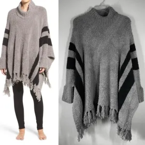 BAREFOOT DREAMS CozyChic Beach Poncho Gray Black Fringe Sweater ONE SIZE