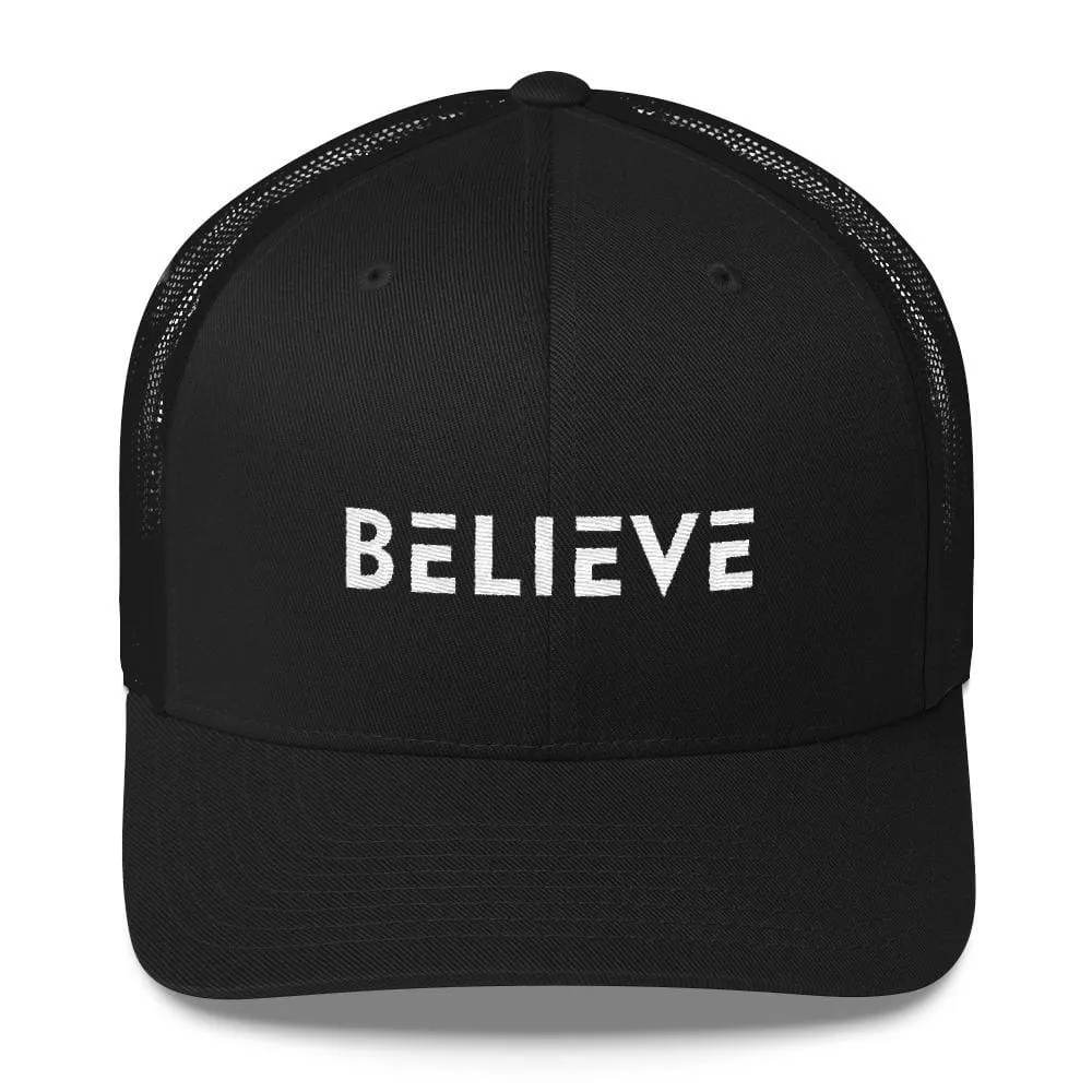 Believe Snapback Trucker Hat Embroidered in White Thread