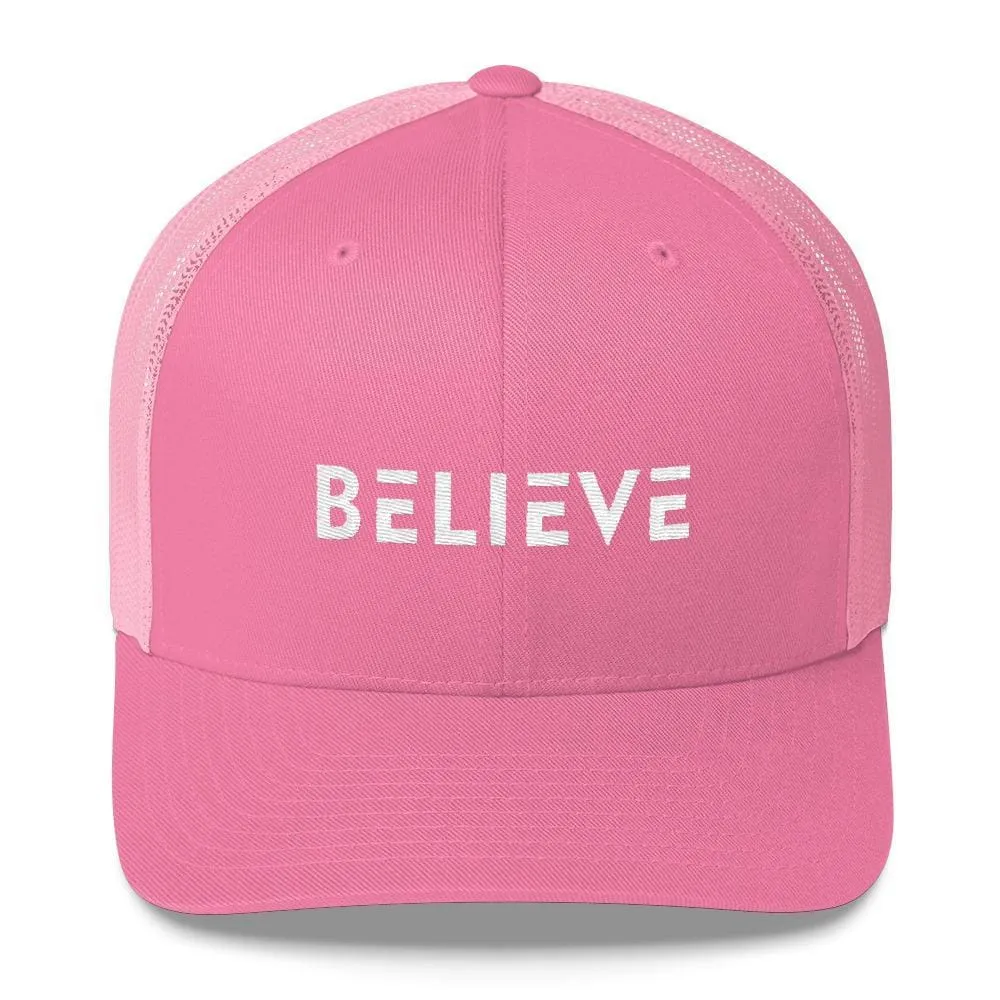 Believe Snapback Trucker Hat Embroidered in White Thread
