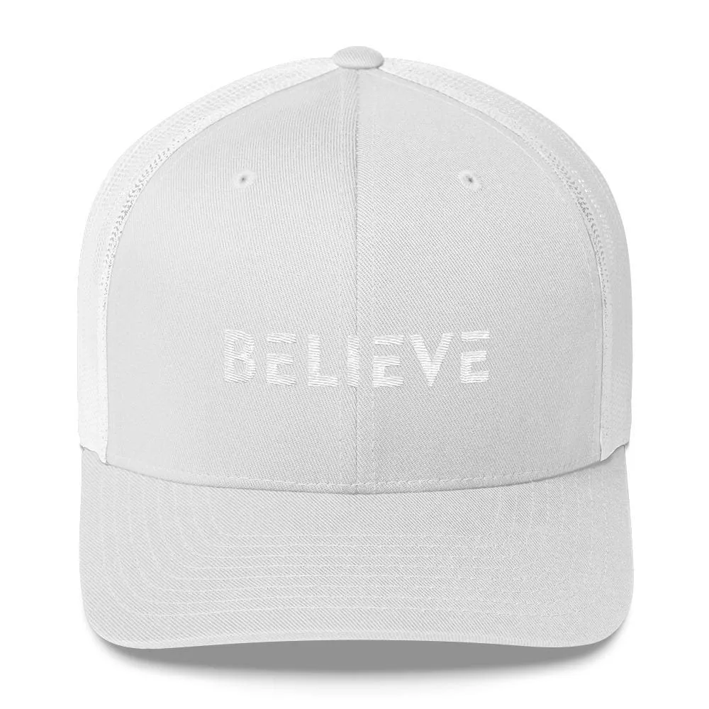 Believe Snapback Trucker Hat Embroidered in White Thread