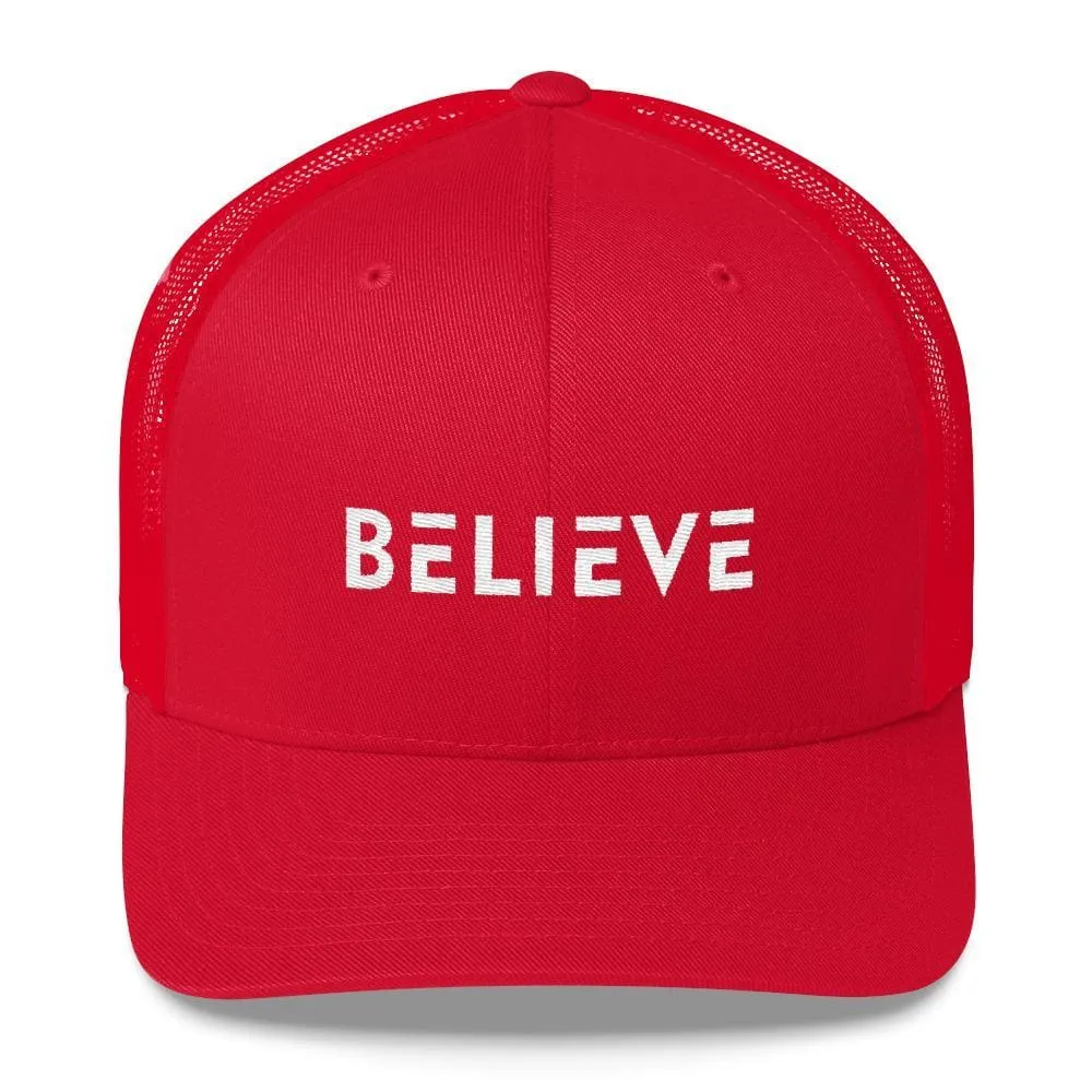 Believe Snapback Trucker Hat Embroidered in White Thread
