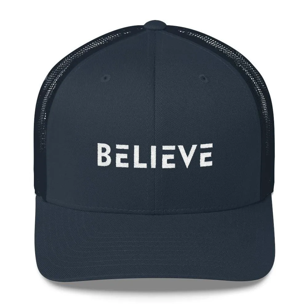 Believe Snapback Trucker Hat Embroidered in White Thread
