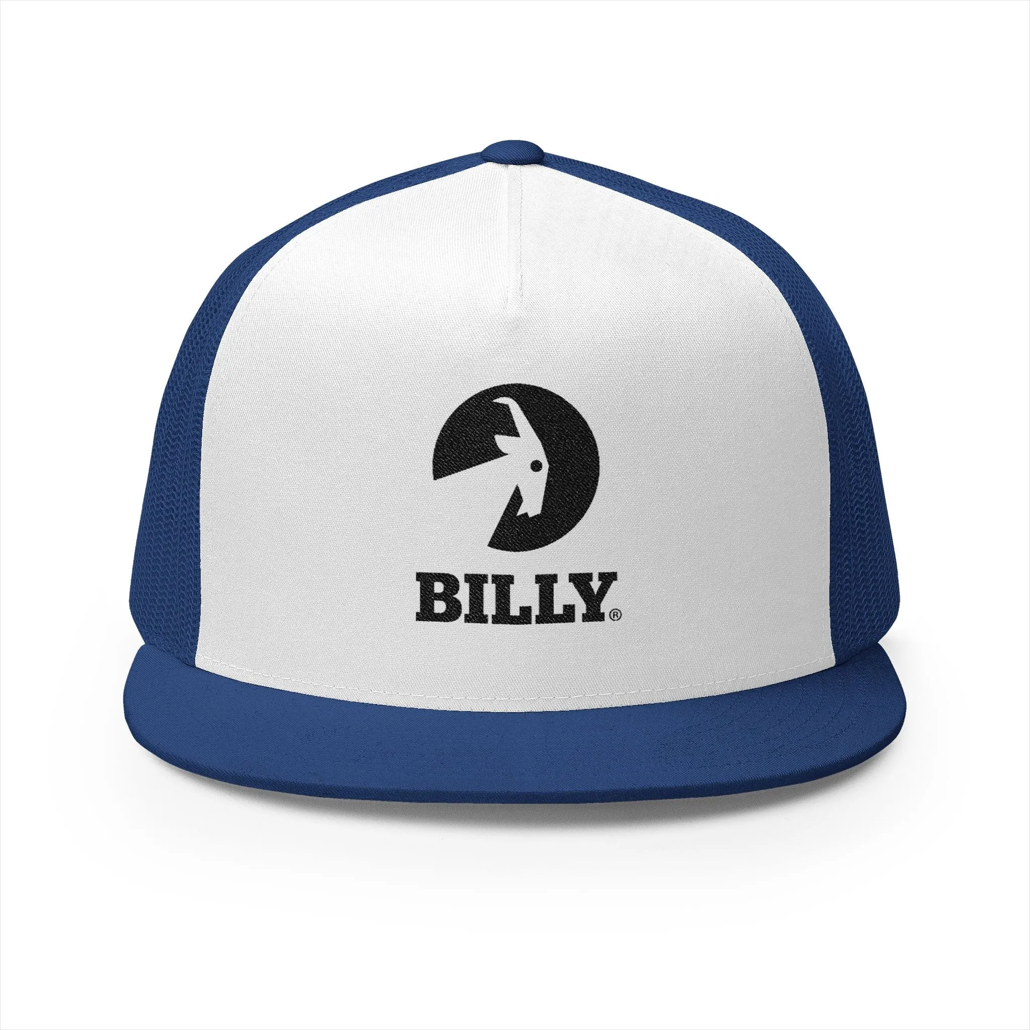 BILLY 5 Panel Flat Bill Trucker Cap (Black Vertical Logo - Embroidery) — AVAILABLE IN 10 COLORS