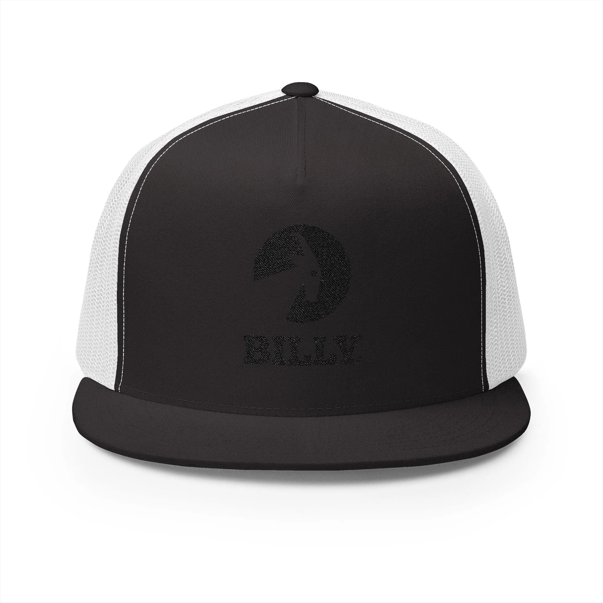 BILLY 5 Panel Flat Bill Trucker Cap (Black Vertical Logo - Embroidery) — AVAILABLE IN 10 COLORS