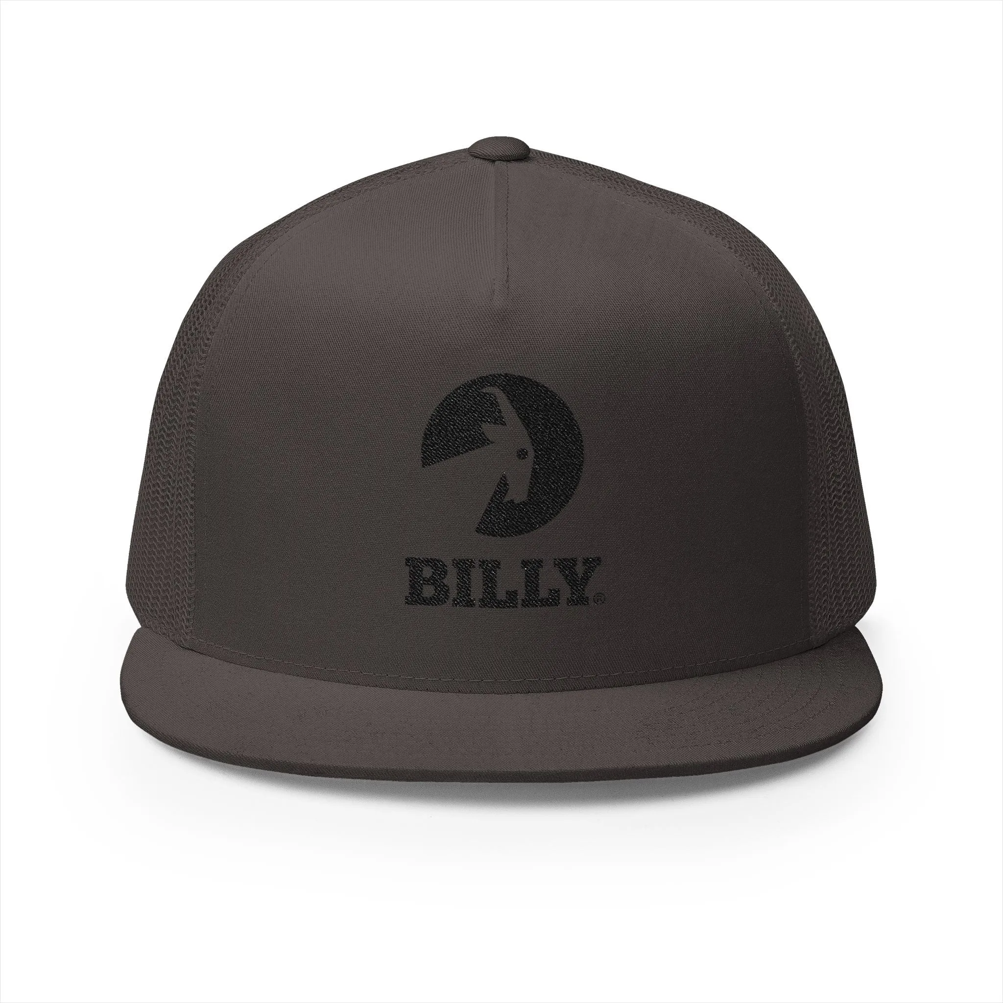 BILLY 5 Panel Flat Bill Trucker Cap (Black Vertical Logo - Embroidery) — AVAILABLE IN 10 COLORS