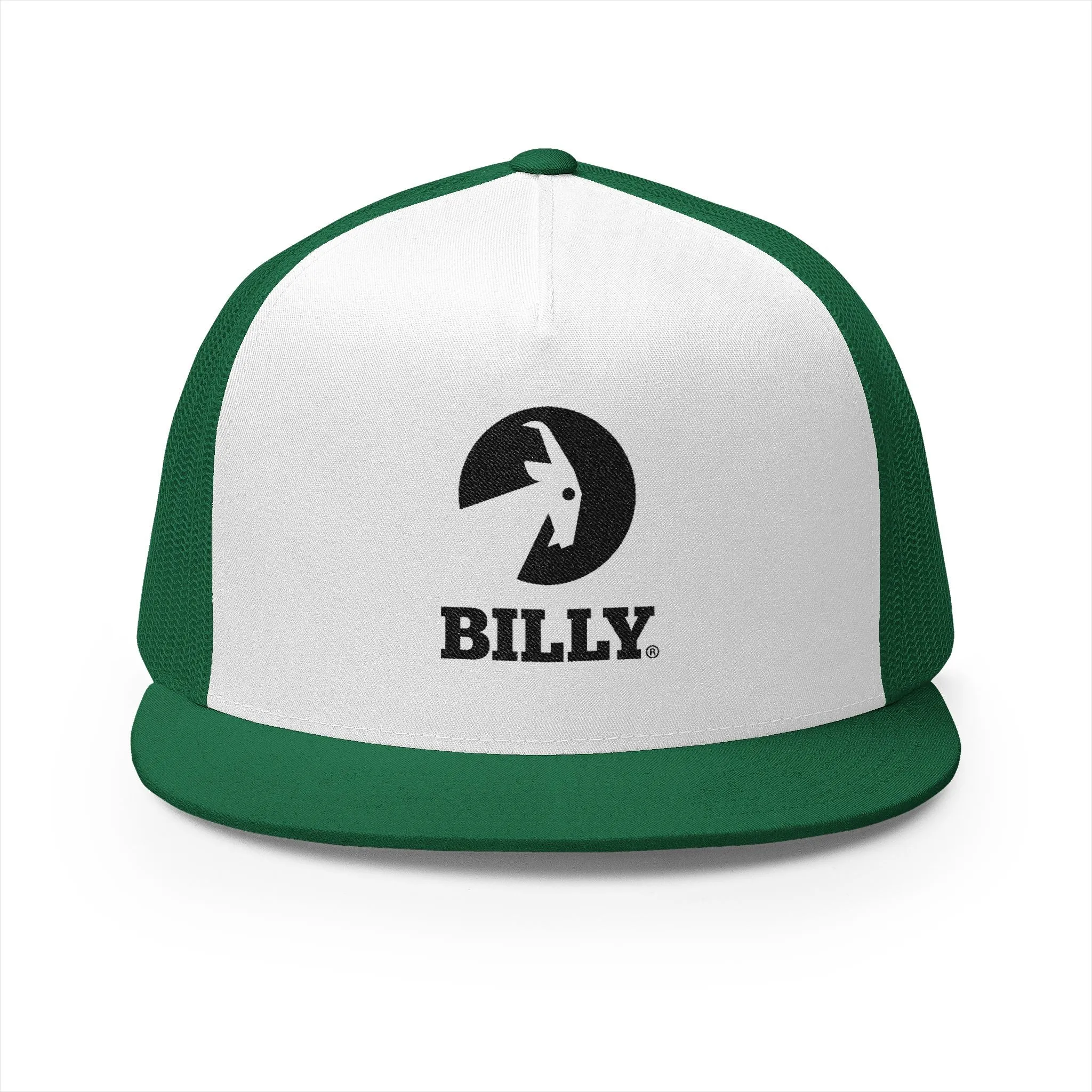 BILLY 5 Panel Flat Bill Trucker Cap (Black Vertical Logo - Embroidery) — AVAILABLE IN 10 COLORS