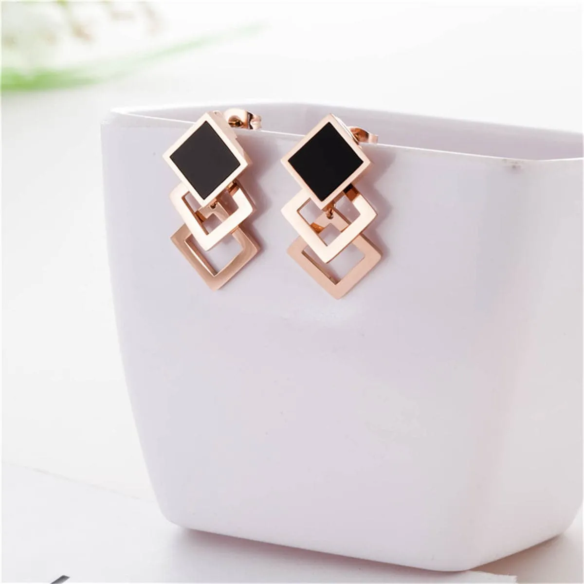 Black & 18K Rose Gold-Plated Overlapping Rhombus Stud Earrings