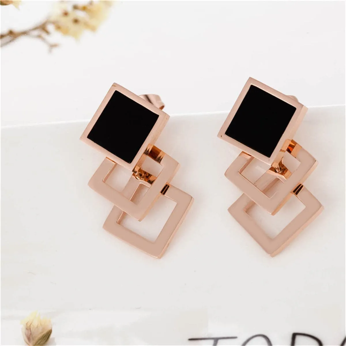 Black & 18K Rose Gold-Plated Overlapping Rhombus Stud Earrings