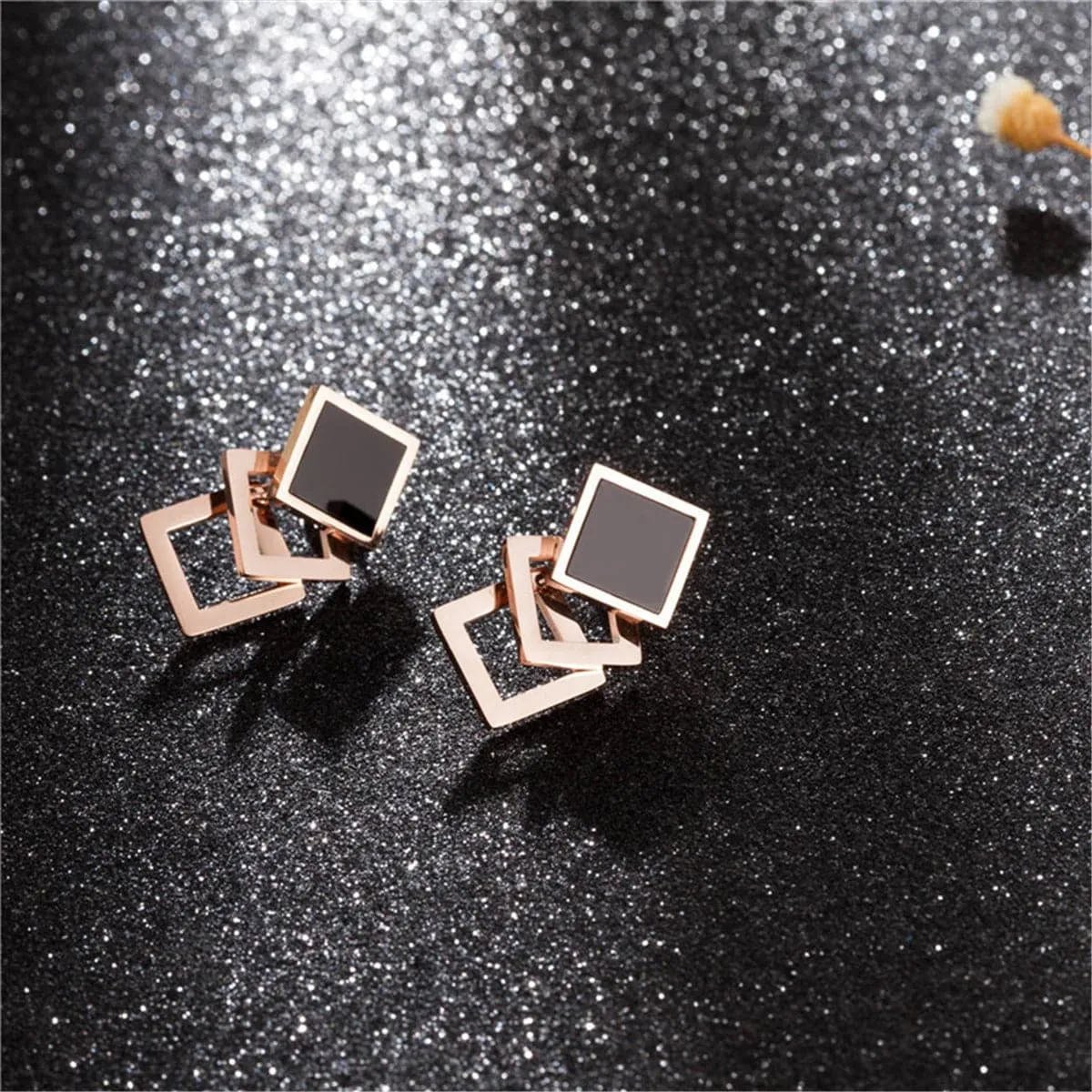 Black & 18K Rose Gold-Plated Overlapping Rhombus Stud Earrings