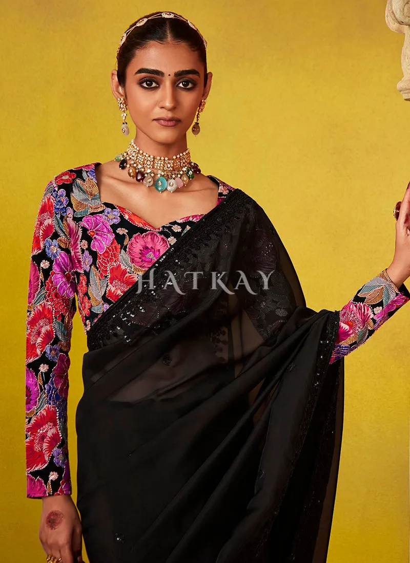 Black And Pink Multi Embroidery Silk Saree