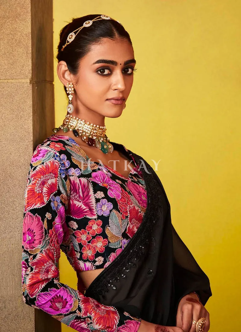 Black And Pink Multi Embroidery Silk Saree