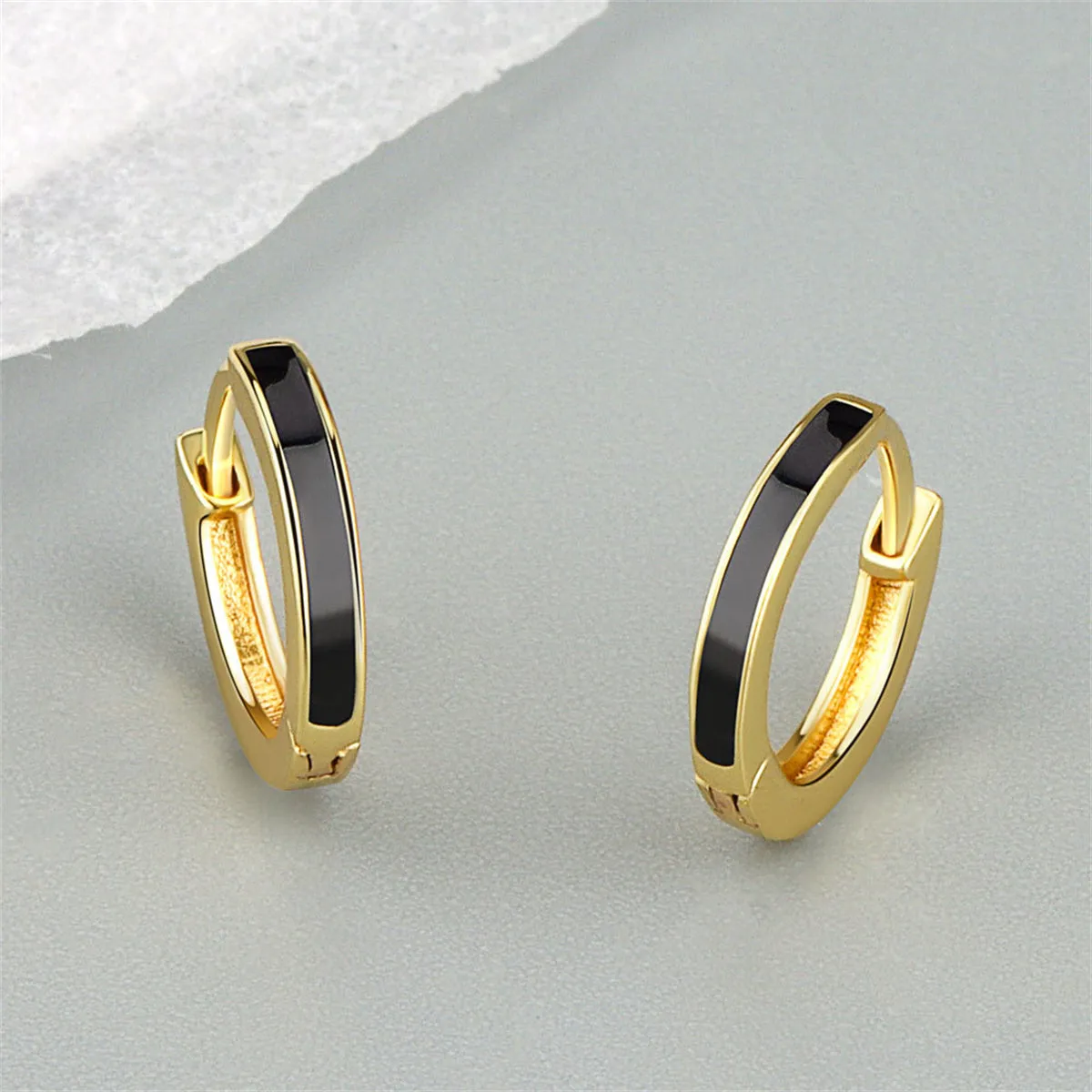 Black Enamel & 18K Gold-Plated Huggie Earrings