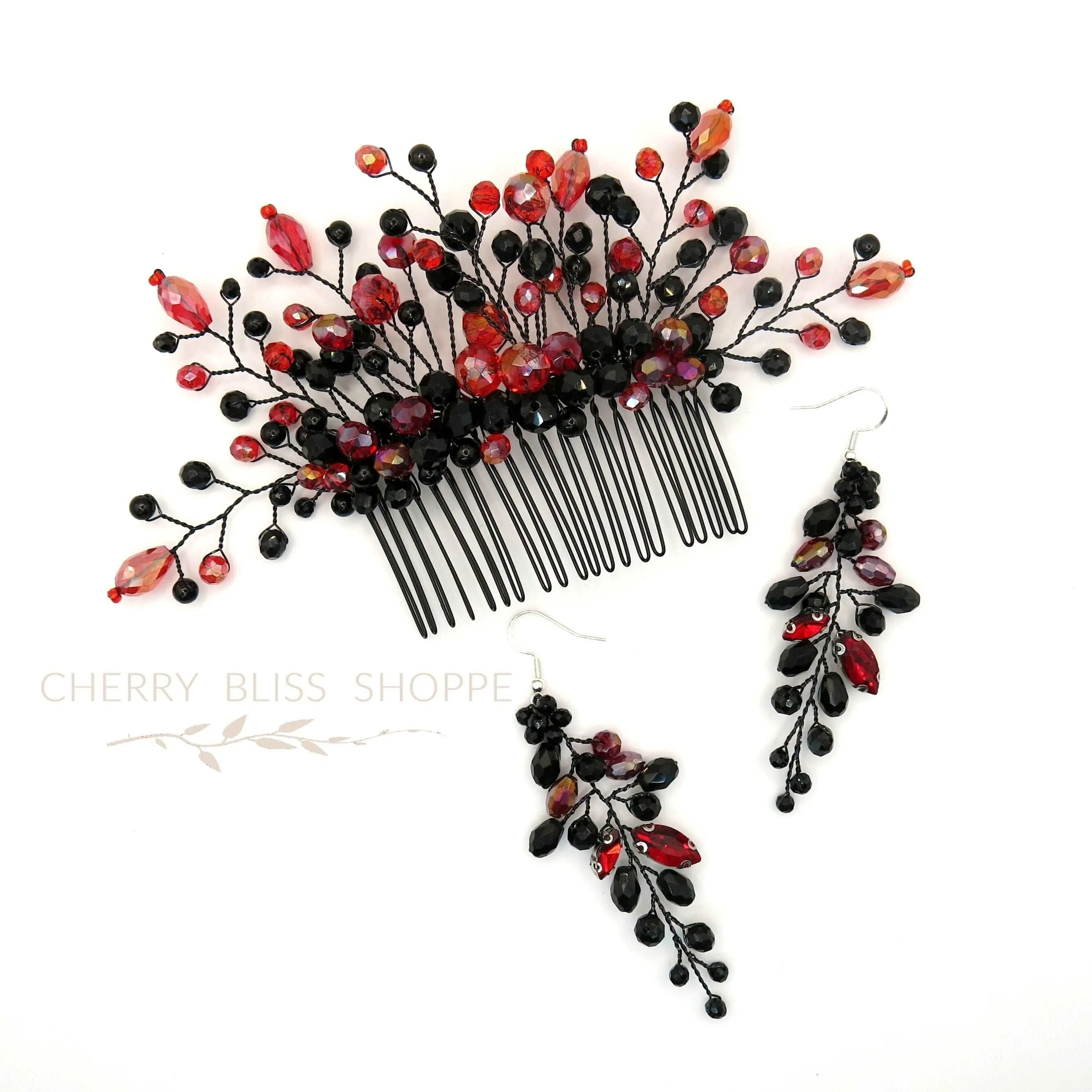 Black Red Decorative Comb and Earrings, Harley Queen Style Hair Pin, Red Halloween Vampire Cosplay Hair Piece