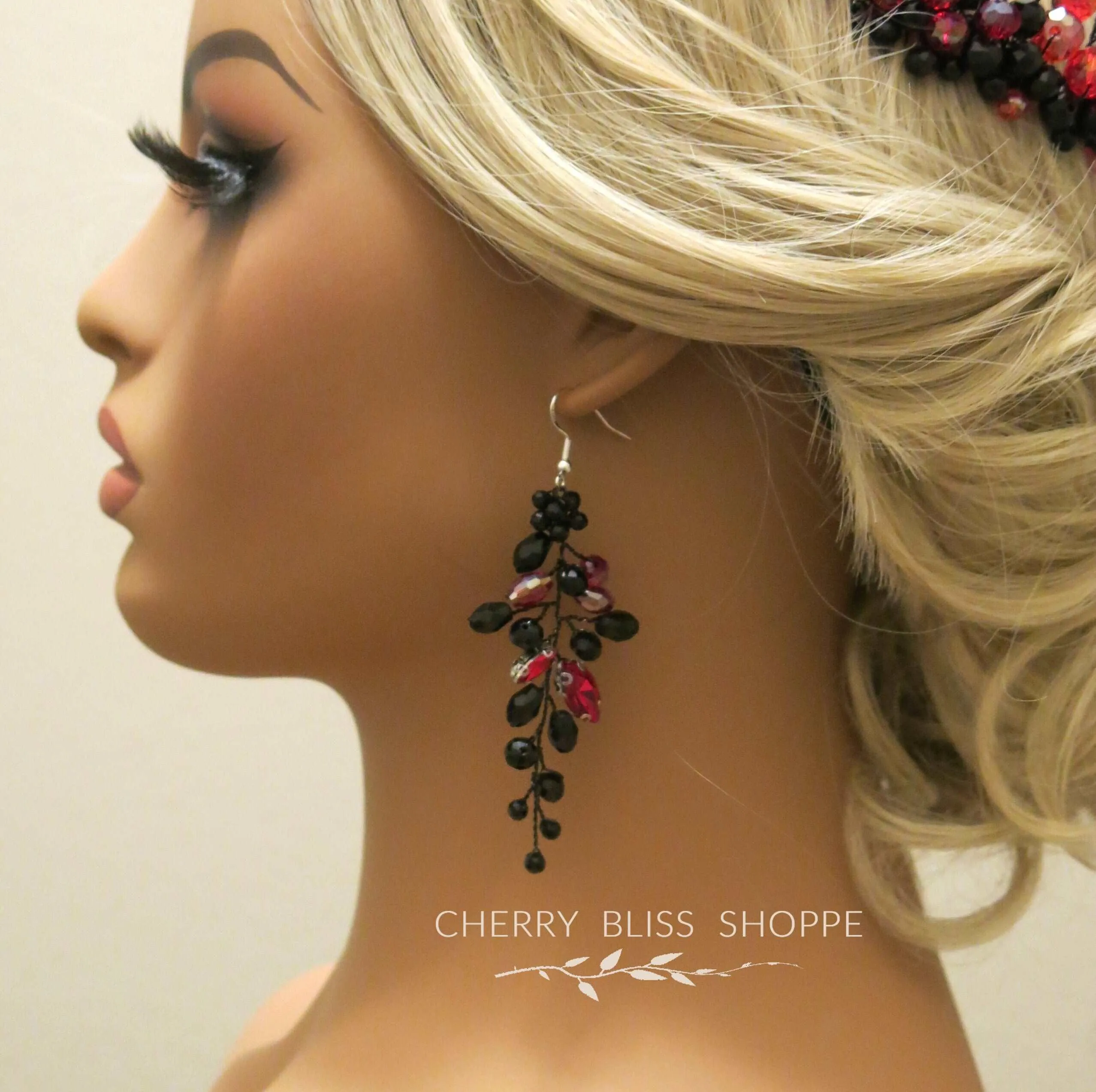 Black Red Decorative Comb and Earrings, Harley Queen Style Hair Pin, Red Halloween Vampire Cosplay Hair Piece