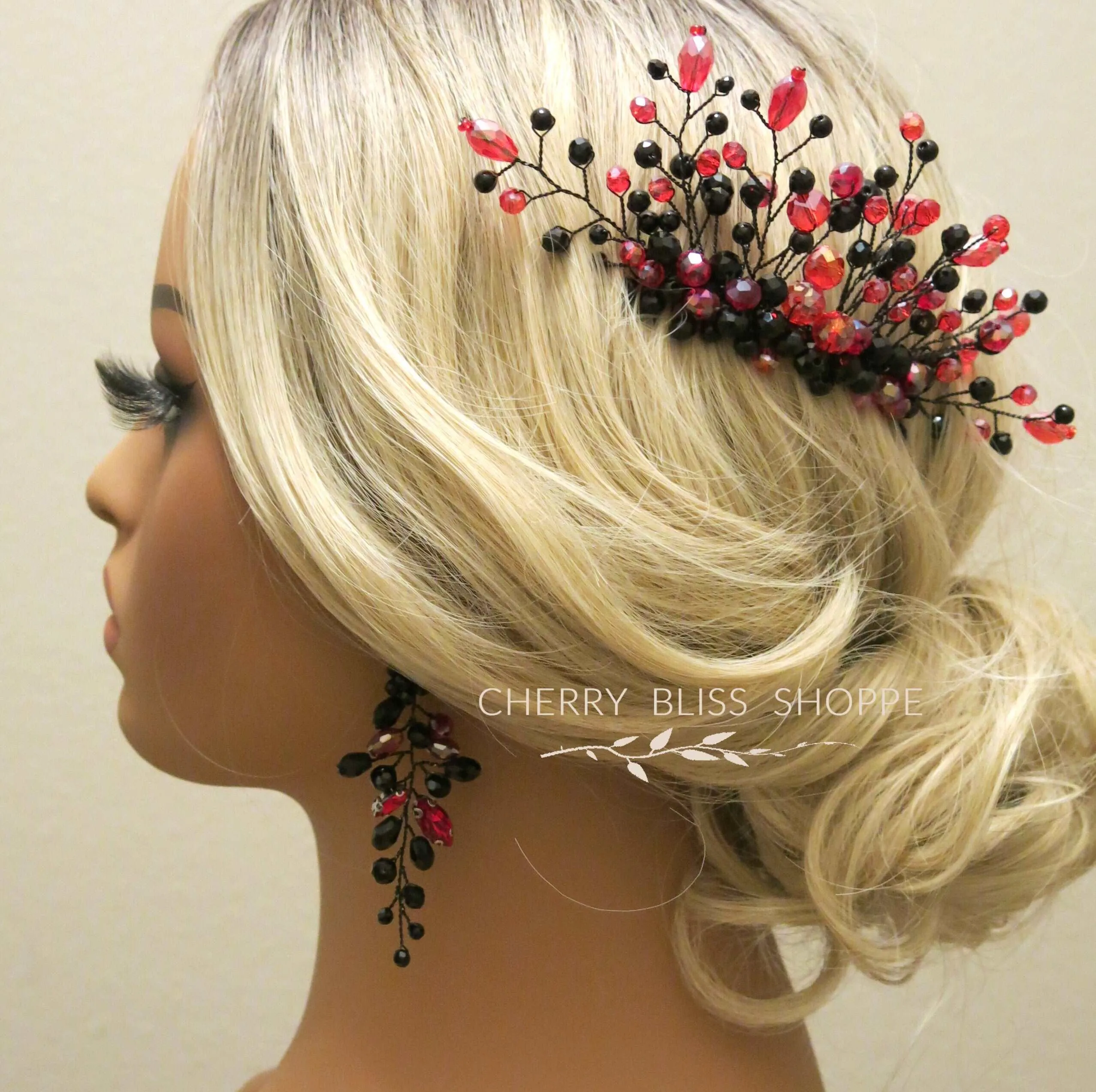 Black Red Decorative Comb and Earrings, Harley Queen Style Hair Pin, Red Halloween Vampire Cosplay Hair Piece