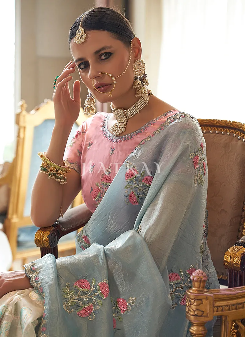 Blue And Pink Embroidery Silk Saree